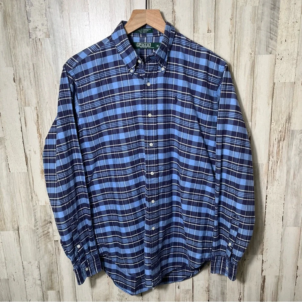 Vintage Polo Ralph Lauren Plaid Blue‎ Button Down Long Sleeve Shirt Mens Medium